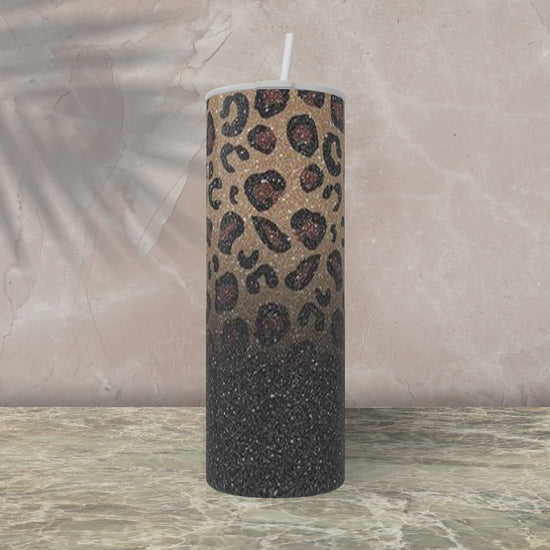 Cheetah and Black Glitter-20oz Skinny Stainless Steel Tumbler