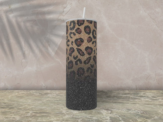 Cheetah and Black Glitter-20oz Skinny Stainless Steel Tumbler