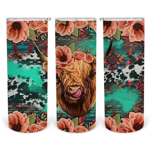 Highland Cow-20oz Skinny Stainless-Steel Tumbler. Unique design, handcrafted, keeps your drink hot/cold whichever you need.